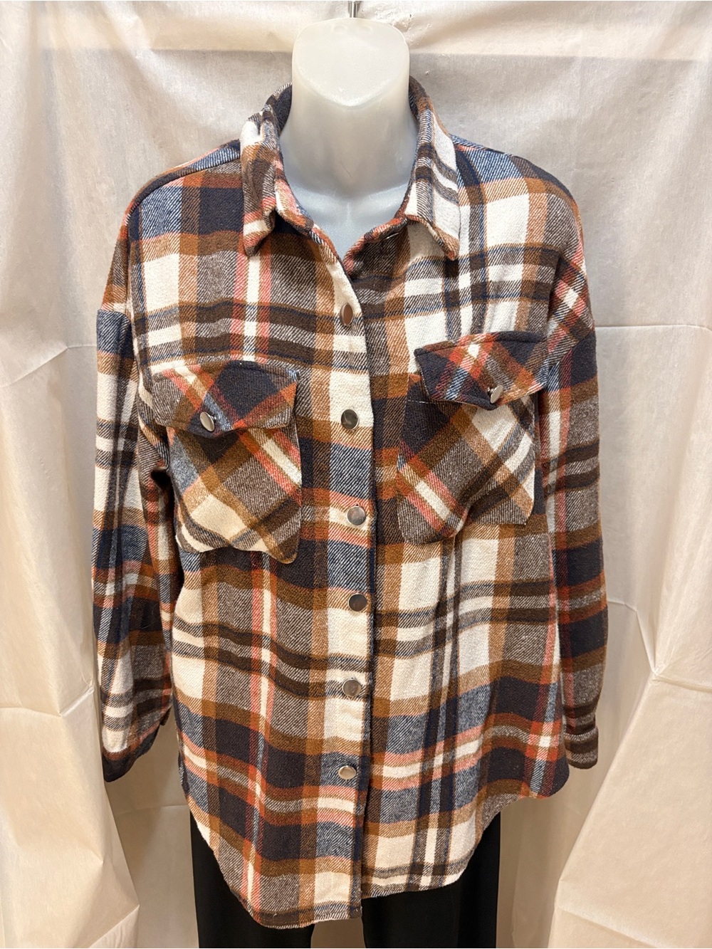 Plaid Button-Up Shacket in Brown, Navy & Cream